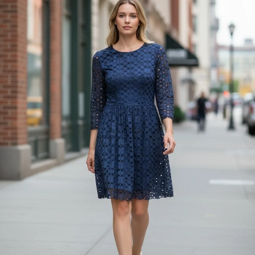blue white checked dress Gingham Zip Front Midi - All Dresses Women's size:22 Trapeze shift dress Front halter nexk makeup with a navy